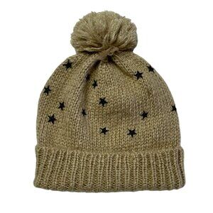 Wooden Ships Paola Buendia Knit Beanie Pom Pom Hat Tan Navy Star Print